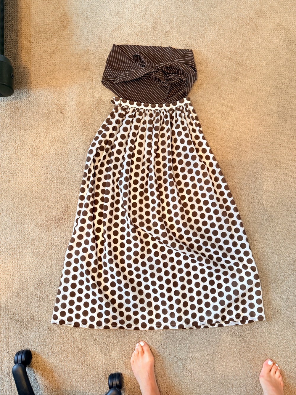 Vintage Two Way Brown Polka Dot Maxi Dress with Stripe Top or Belt - Picture 4 of 11